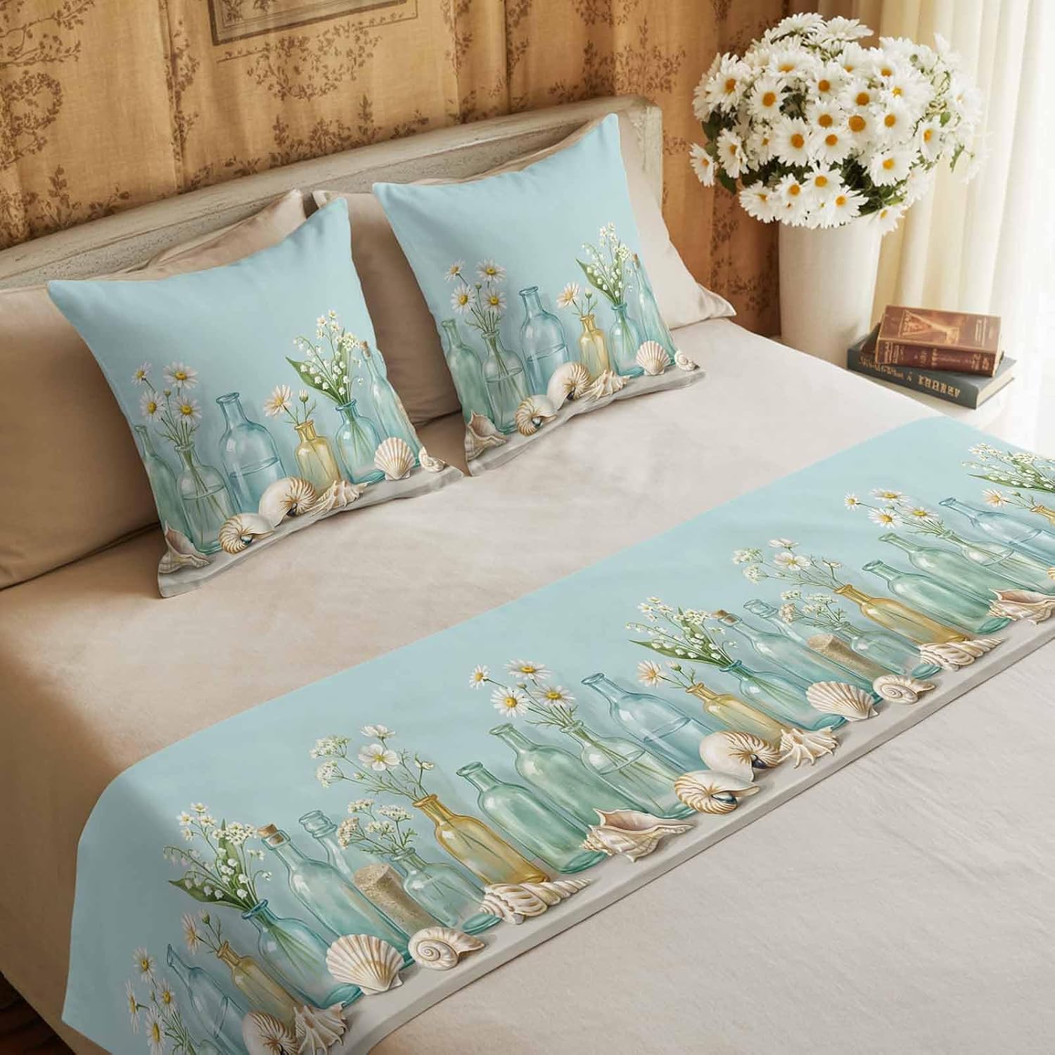 Nautical Conch Shell Bed Runners for Cal King Size Beds Sea Glass Bottles Coastal Floral Bed Scarf Matching Decorative Throw Pillow Covers Hotel Beds End Blanket Towel Bedspread Protection for Bedroom