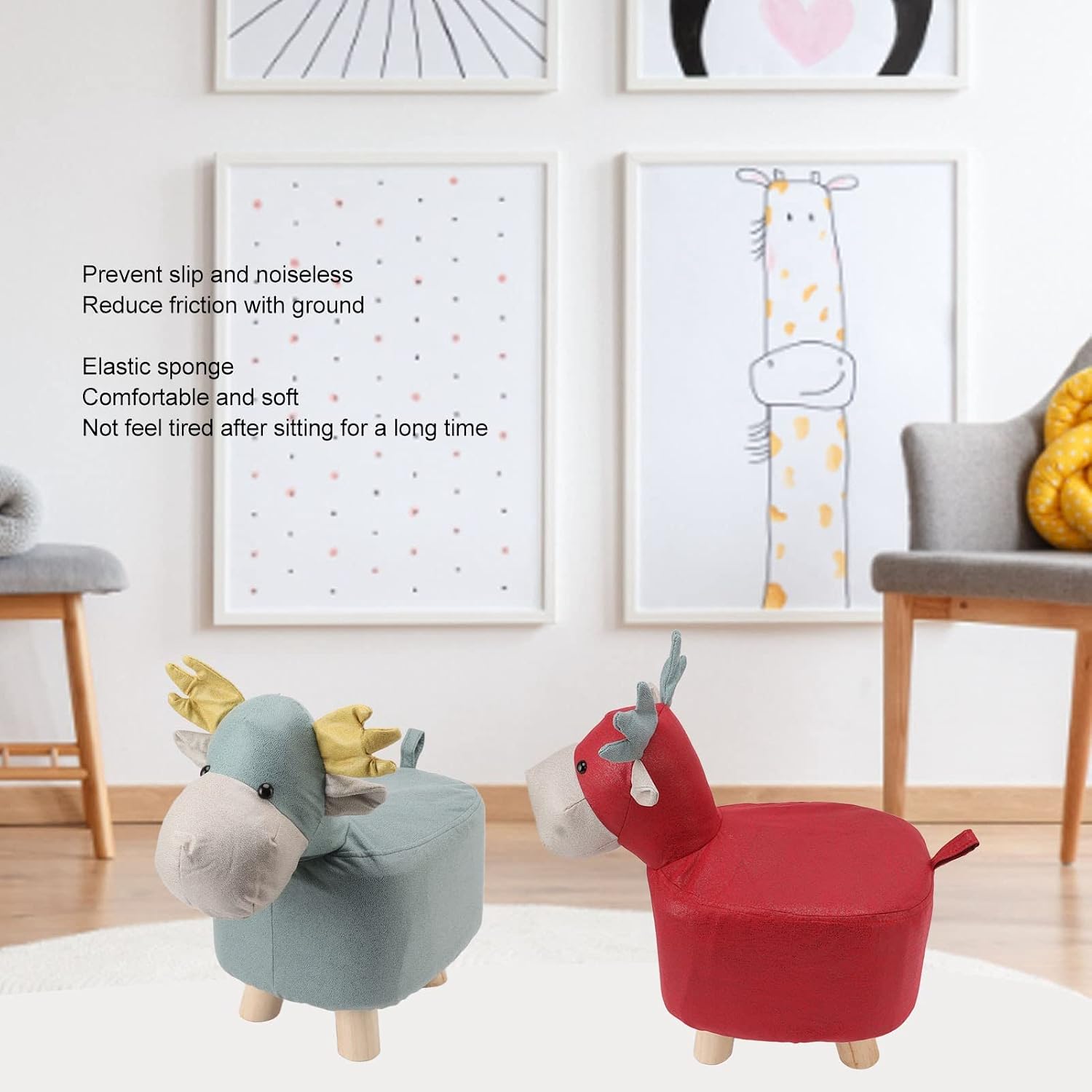 Animal Ottoman Stool, Cute Giraffe Shape Footrest with Sturdy Wood Legs, Non Slip Table Footrest for Kids, Safe and Stable Animal Footstool