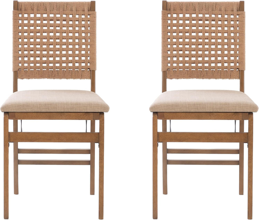 Linon Bennett Natural Folding Chair with Woven Rope Back and Linen Upholstered Seat Set of 2