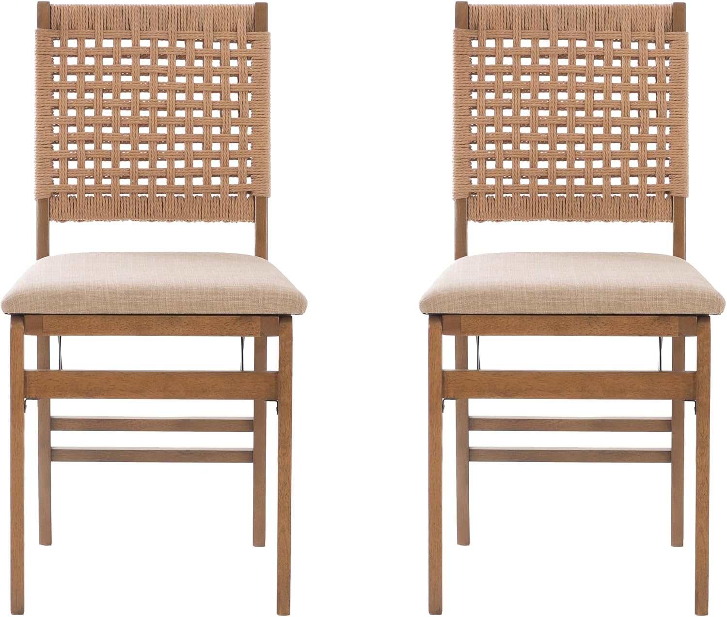 Linon Bennett Natural Folding Chair with Woven Rope Back and Linen Upholstered Seat Set of 2