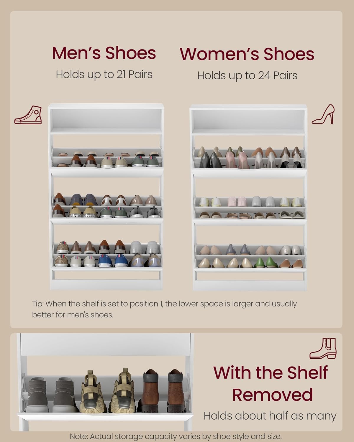 VASAGLE Custos Collection - Shoe Cabinet, Shoe Organizer, Open Compartment, Adjustable and Removable Dividers, 3 Flip Drawers, 9.4 x 31.5 x 54.5 Inches, for 21-24 Pairs, Cloud White ULBC043WB01