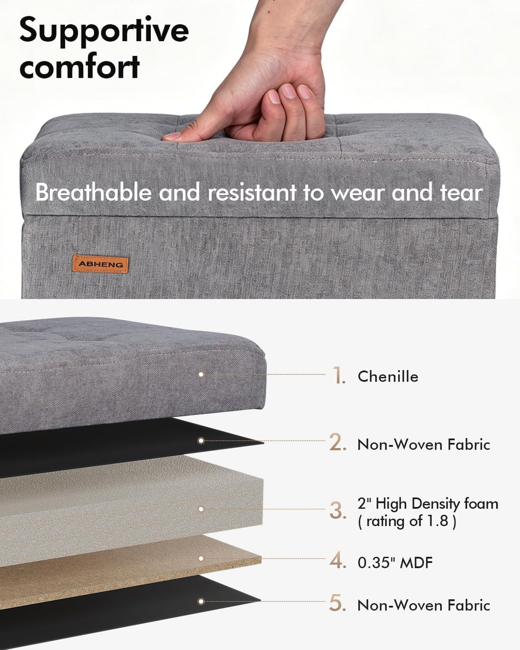 ABHENG Chenille Metal Framed Storage Ottoman,12.2" D x 16.1" W x 17.7" H Tufted Upholstered Ottoman with Storage,Foot Rest Stool with Legs,Holds 770 LB for Dorm Living Room Bedroom Gray UASND70G