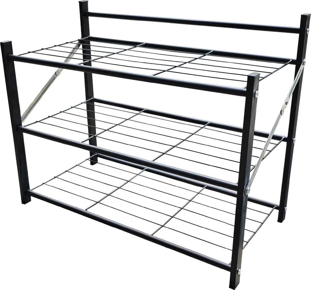 3-Tier Folding Metal Shoe Rack, Heavy Duty Free-Standing Storage Shelf for Entryway, Bedroom, Gym, Holds Shoes, Dumbbells, Multi-Purpose Organizer with Reinforced Stability