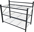 3-Tier Folding Metal Shoe Rack, Heavy Duty Free-Standing Storage Shelf for Entryway, Bedroom, Gym, Holds Shoes, Dumbbells, Multi-Purpose Organizer with Reinforced Stability