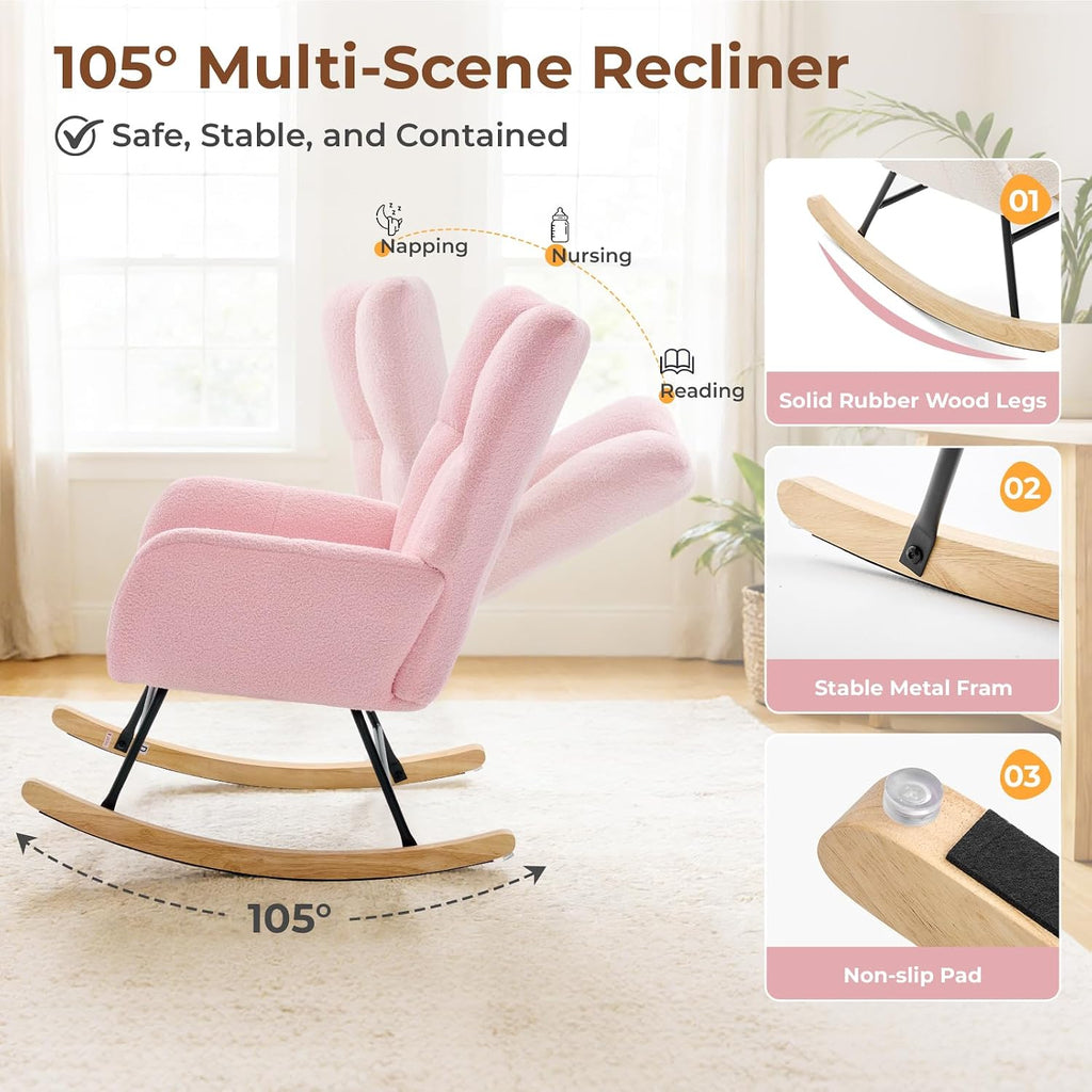 Nursery Rocking Chair, Teddy Upholstered Glider Rocker with High Backrest & Thick Cushion, Tufted Accent Armchair with Wood Legs, Comfy Reading Chair for Living Room Bedroom Office, Pink