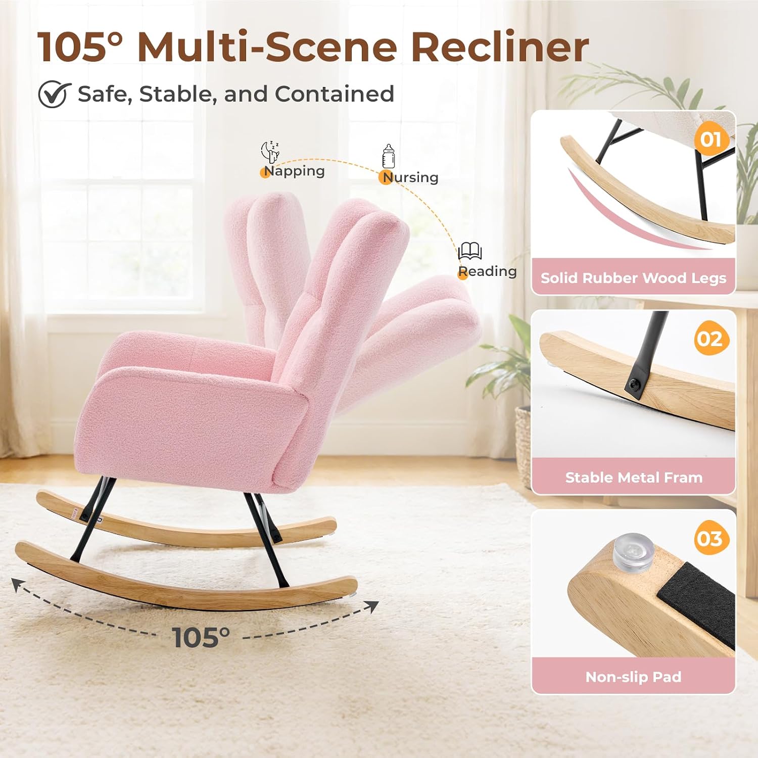 Nursery Rocking Chair, Teddy Upholstered Glider Rocker with High Backrest & Thick Cushion, Tufted Accent Armchair with Wood Legs, Comfy Reading Chair for Living Room Bedroom Office, Pink