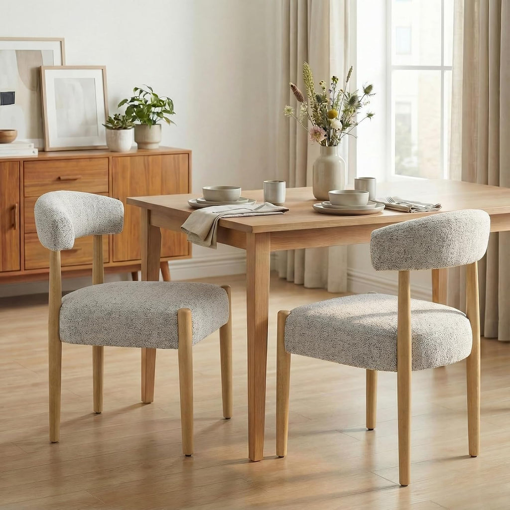 VKNOW Wooden Dining Chairs Set of 2 with Rubberwood Legs, Curved Backrest | Modern Upholstered Dining Chairs with Thickened Cushion, Soft Chenille Fabric, for Dining Room/Kitchen, Heathered Off-White