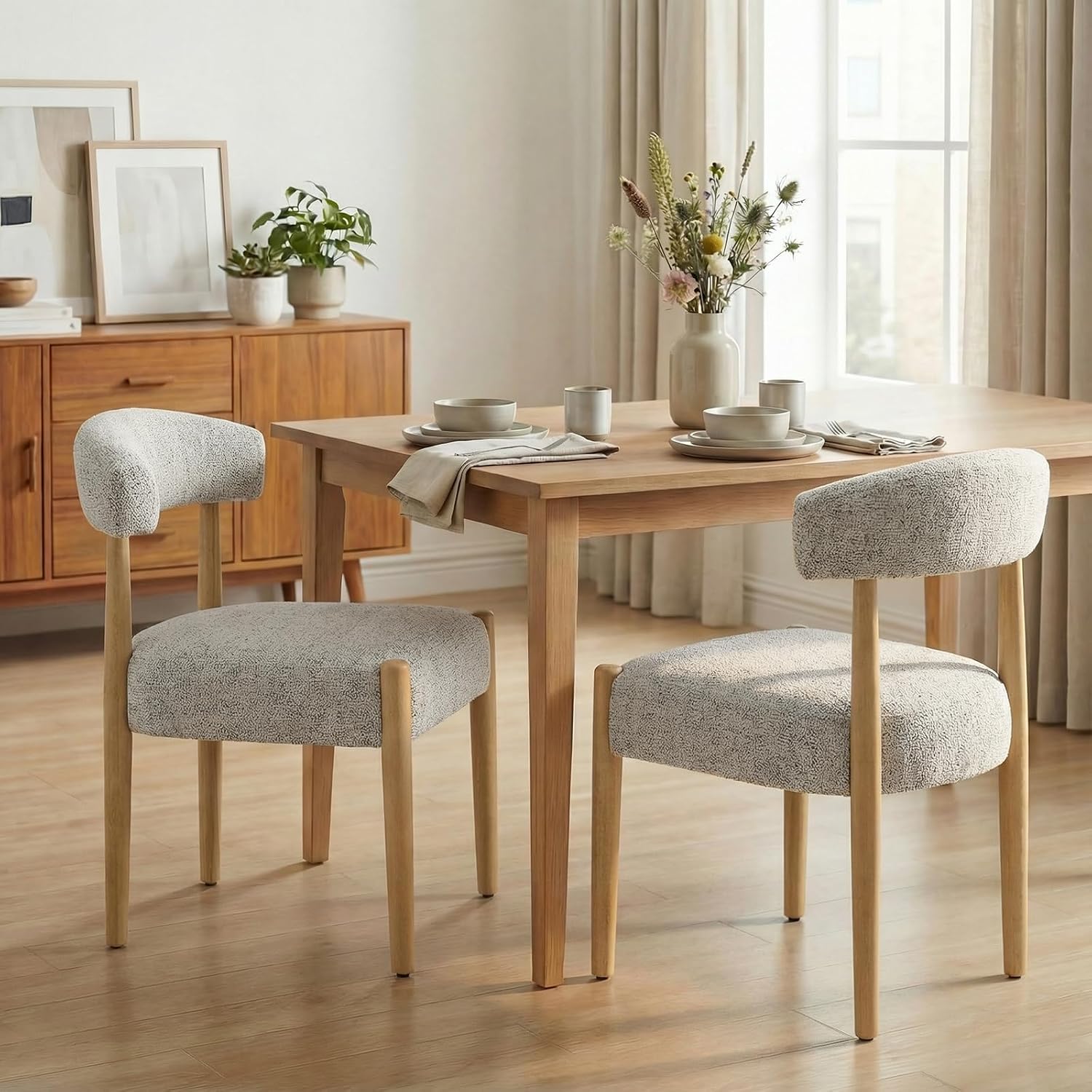VKNOW Wooden Dining Chairs Set of 2 with Rubberwood Legs, Curved Backrest | Modern Upholstered Dining Chairs with Thickened Cushion, Soft Chenille Fabric, for Dining Room/Kitchen, Heathered Off-White