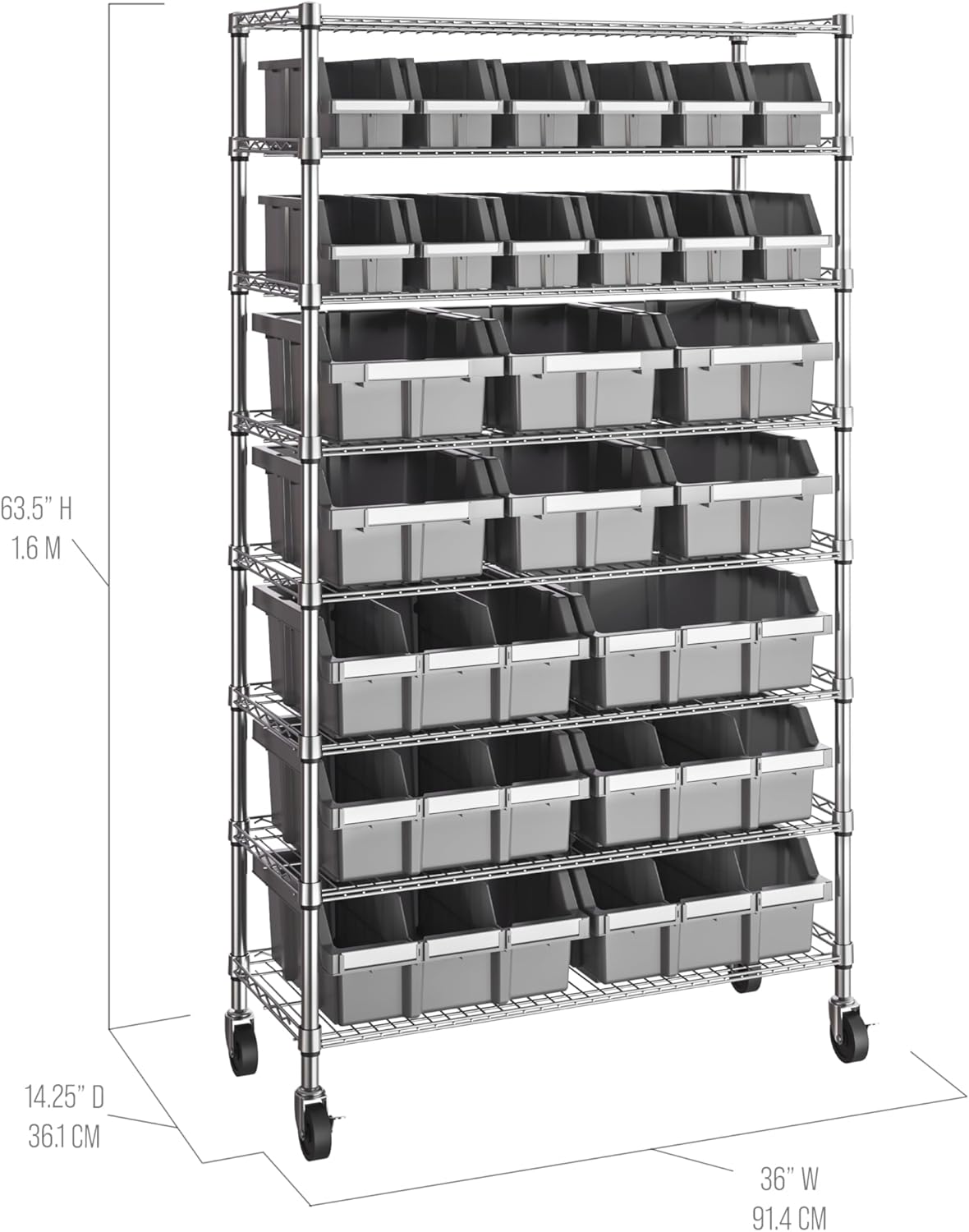 Seville Classics Heavy Duty NSF Bin Rack Solid Steel Wire Shelving Storage Unit, Patented Organizer for Garage, Warehouse, Office, Restaurant, Classroom, Kitchen, Gray, 8-Tier Includes 24 Bins