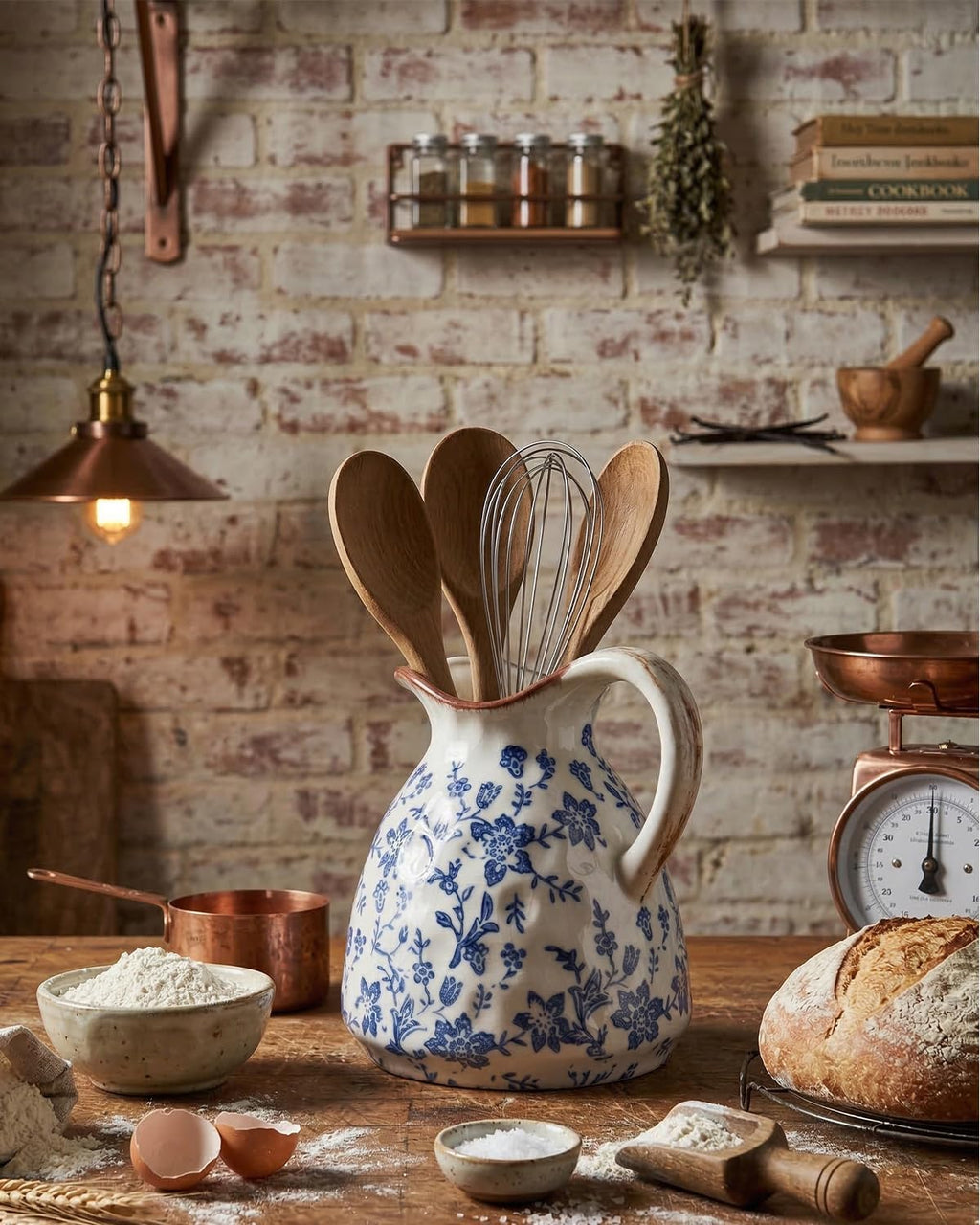 Blue and White Ceramic Vase with Handle – 7.28 Inch Vintage Crackle Glaze Pitcher Style Flower Vase, Chinoiserie Tuscan Decorative Jug for Shelf, Desk, Home Decor