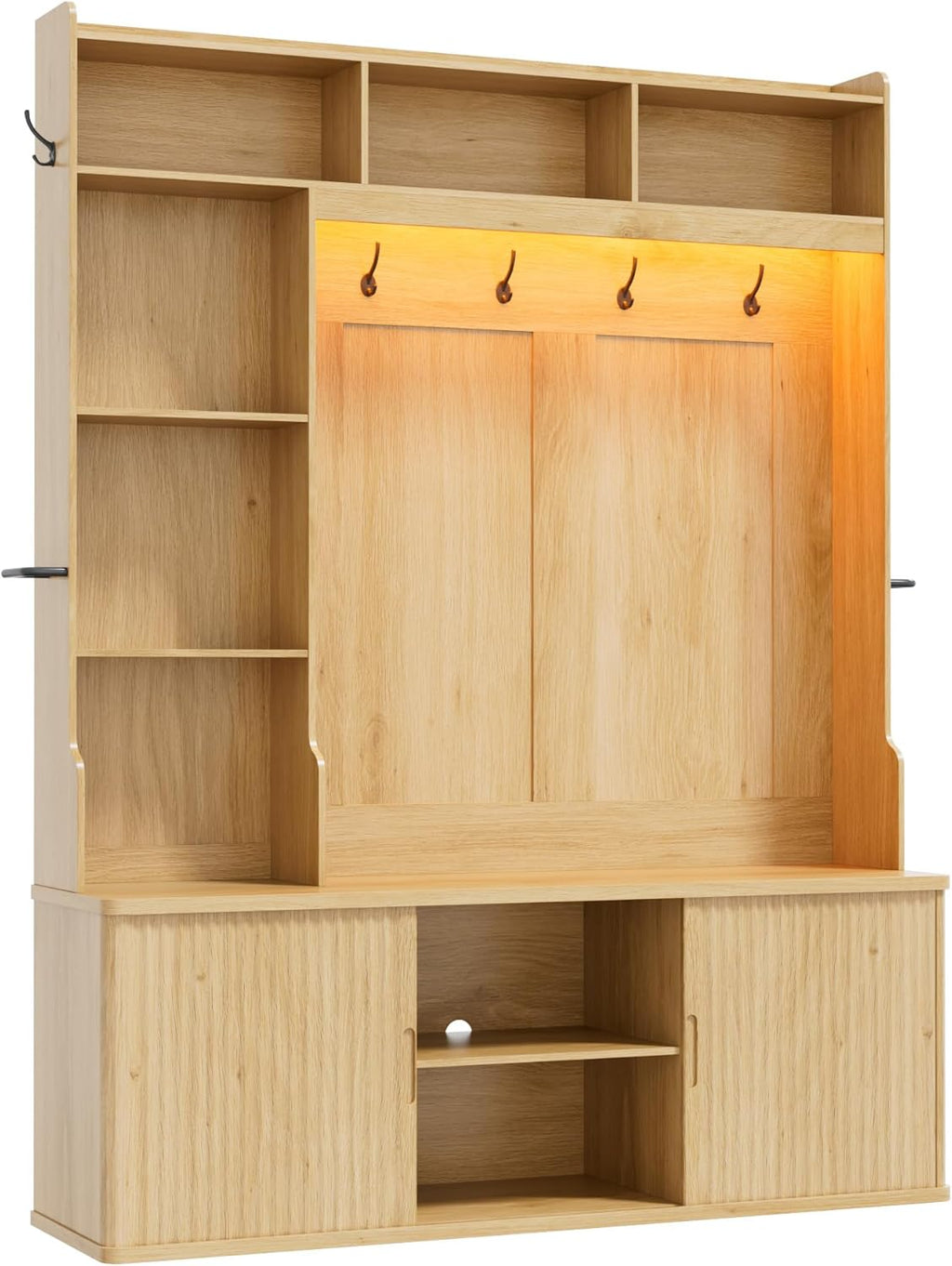77"H 59"W Hall Tree with Bench and Shoe Storage, Entryway Bench with Coat Rack & 12 Hooks, Smart RGB LED Lighting, Side Umbrella Rails, Large Mudroom Furniture w/Sliding Doors & Rounded Corners, Oak