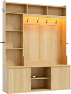 77"H 59"W Hall Tree with Bench and Shoe Storage, Entryway Bench with Coat Rack & 12 Hooks, Smart RGB LED Lighting, Side Umbrella Rails, Large Mudroom Furniture w/Sliding Doors & Rounded Corners, Oak