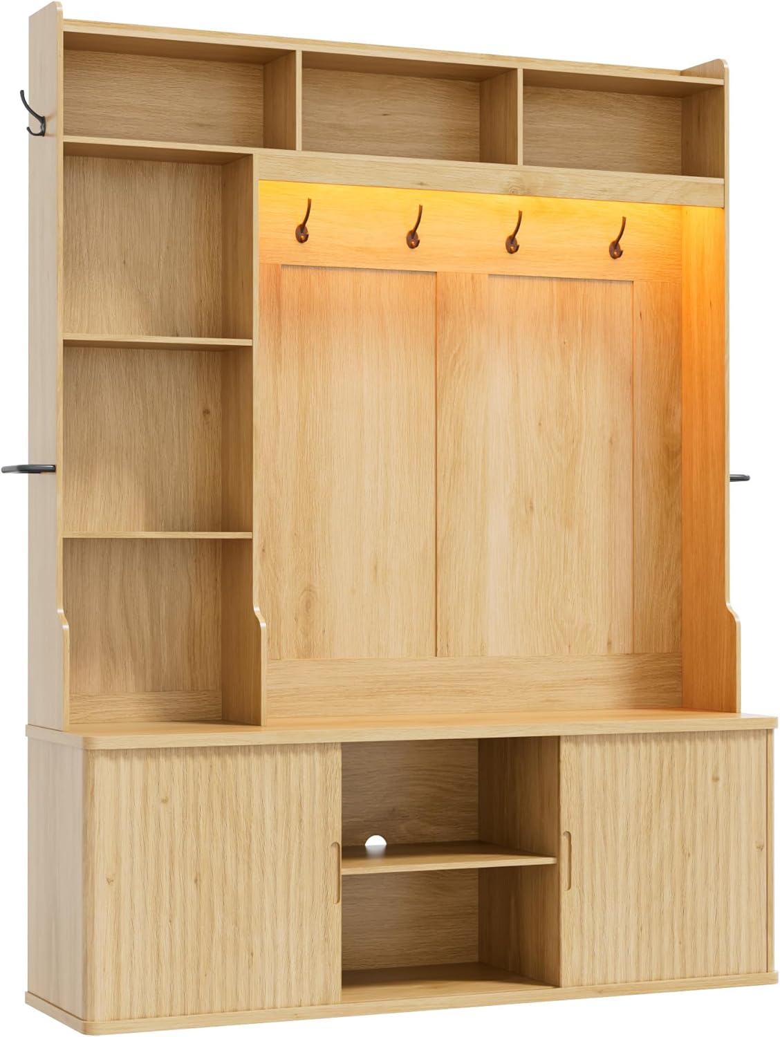 77"H 59"W Hall Tree with Bench and Shoe Storage, Entryway Bench with Coat Rack & 12 Hooks, Smart RGB LED Lighting, Side Umbrella Rails, Large Mudroom Furniture w/Sliding Doors & Rounded Corners, Oak