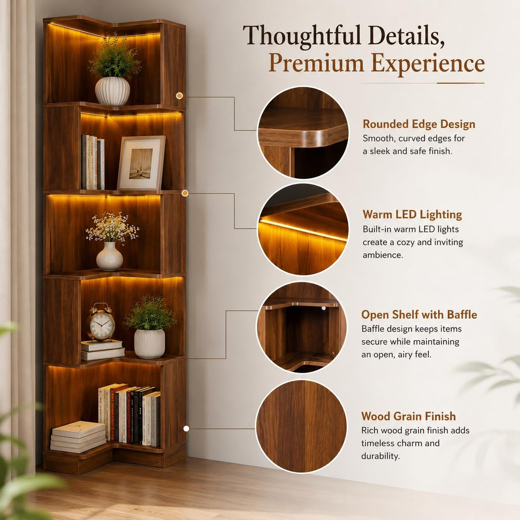 ODC 5-Tier Corner Bookshelf with LED Lights, Freestanding L-Shaped Corner Bookcase with Baffles, Wood Tall Corner Display Shelf Stand for Living Room, Study Room, Home Office - Walnut