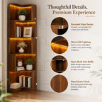 ODC 5-Tier Corner Bookshelf with LED Lights, Freestanding L-Shaped Corner Bookcase with Baffles, Wood Tall Corner Display Shelf Stand for Living Room, Study Room, Home Office - Walnut