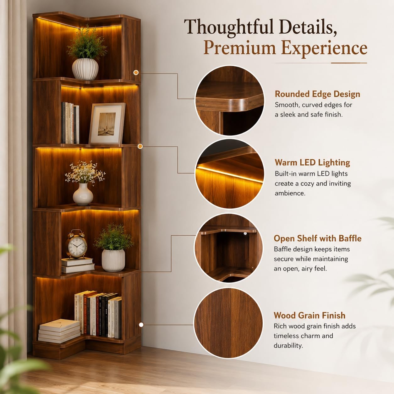 ODC 5-Tier Corner Bookshelf with LED Lights, Freestanding L-Shaped Corner Bookcase with Baffles, Wood Tall Corner Display Shelf Stand for Living Room, Study Room, Home Office - Walnut