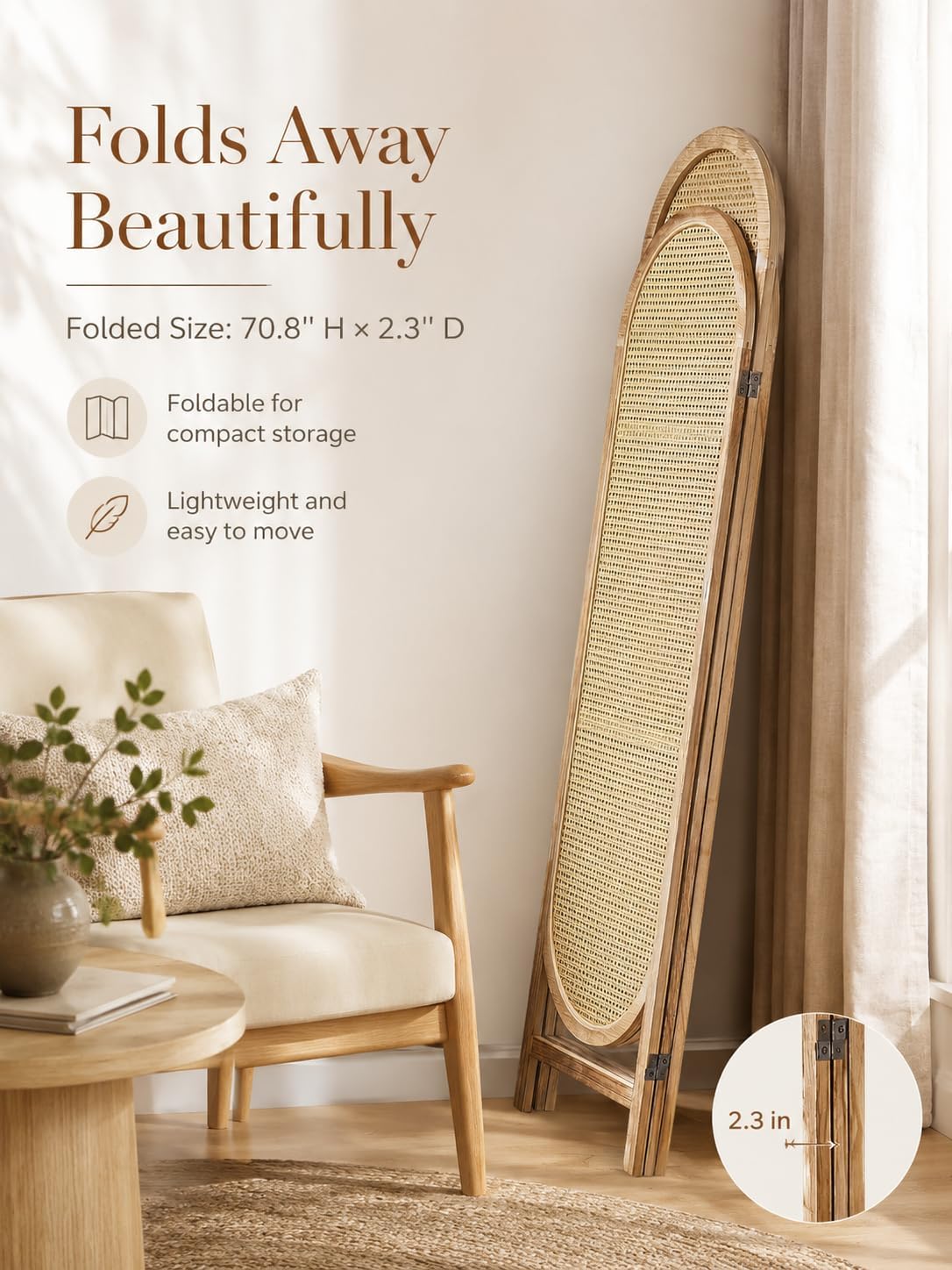 3 Panel Room Dividers and Folding Privacy Screens, Wooden Room Divider with Bi-Directional Hinge, Pre-Assembled Hand-Made Rattan Privacy Dividers for Balcony, Bedroom, Hotel Decorations