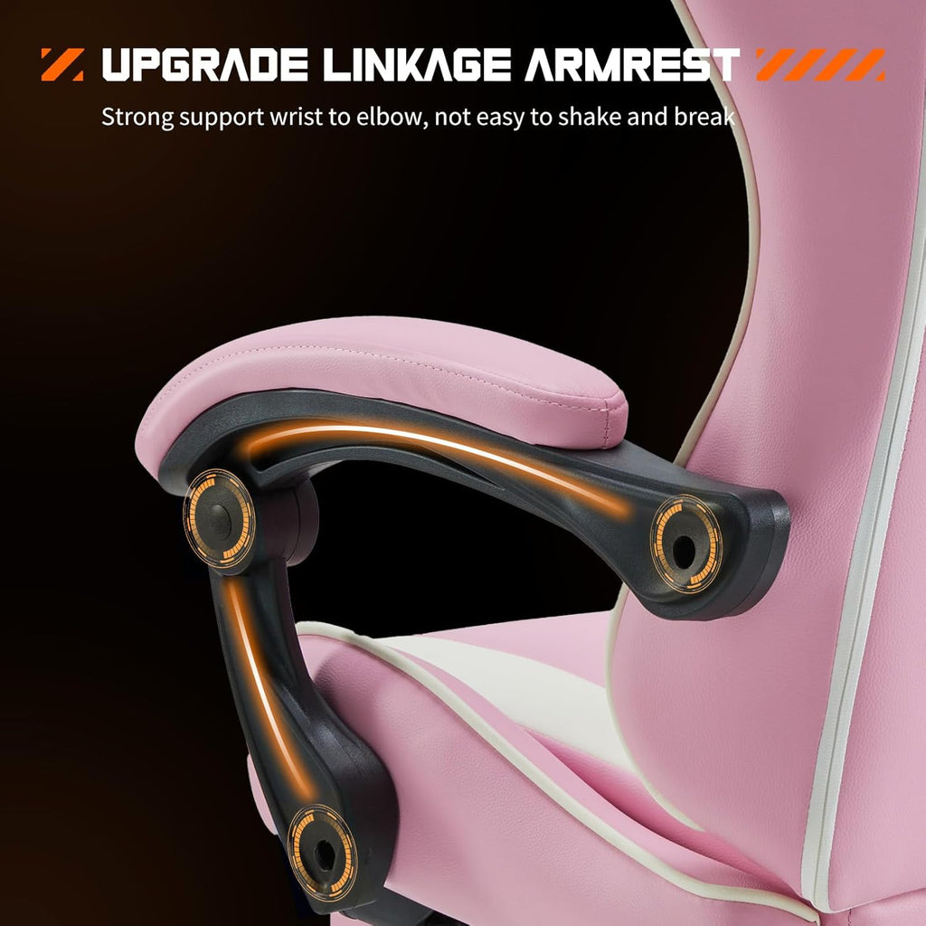 Sweetcrispy Video Game Desk Chair, Ergonomic High Back PU Leather Computer Gaming Chair with Headrest & Linkage Armrest, Height Adjustable with 360° Swivel, for Adults, Pink