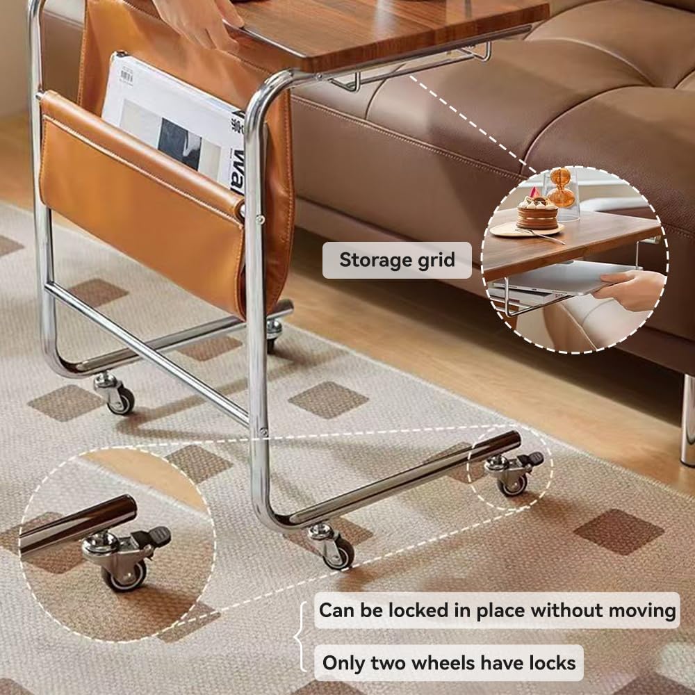 C Shaped End Table Side Table with Wheels C Shape for Couch, Sofa with PU Storage Bag Laptop Recliner Tables for Living Room Bedroom (Brown)