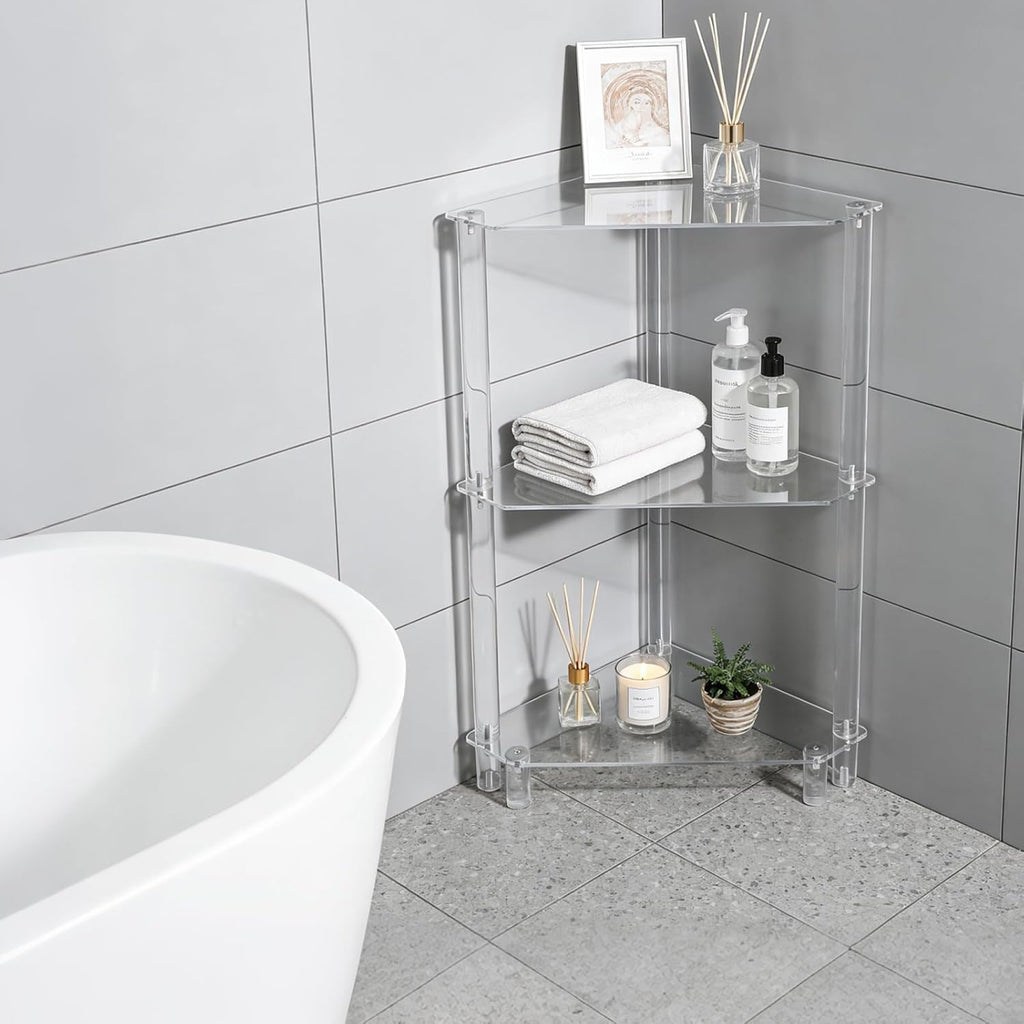DYNAMI Clear Acrylic Side Table,3 Tier Triangle End Table Small Corner Accent Table for Small Spaces,Modern Corner Shelf for Living Room Bathroom Bedroom,Load Capacity 22lbs (White)