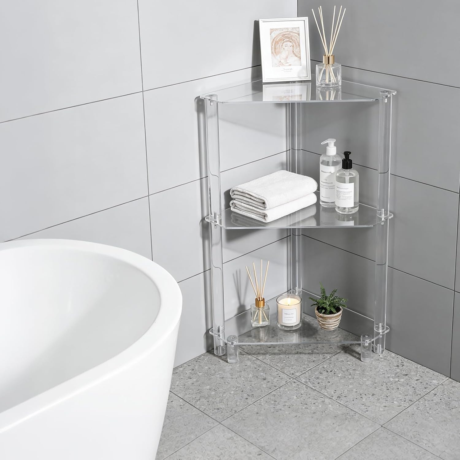 DYNAMI Clear Acrylic Side Table,3 Tier Triangle End Table Small Corner Accent Table for Small Spaces,Modern Corner Shelf for Living Room Bathroom Bedroom,Load Capacity 22lbs (White)