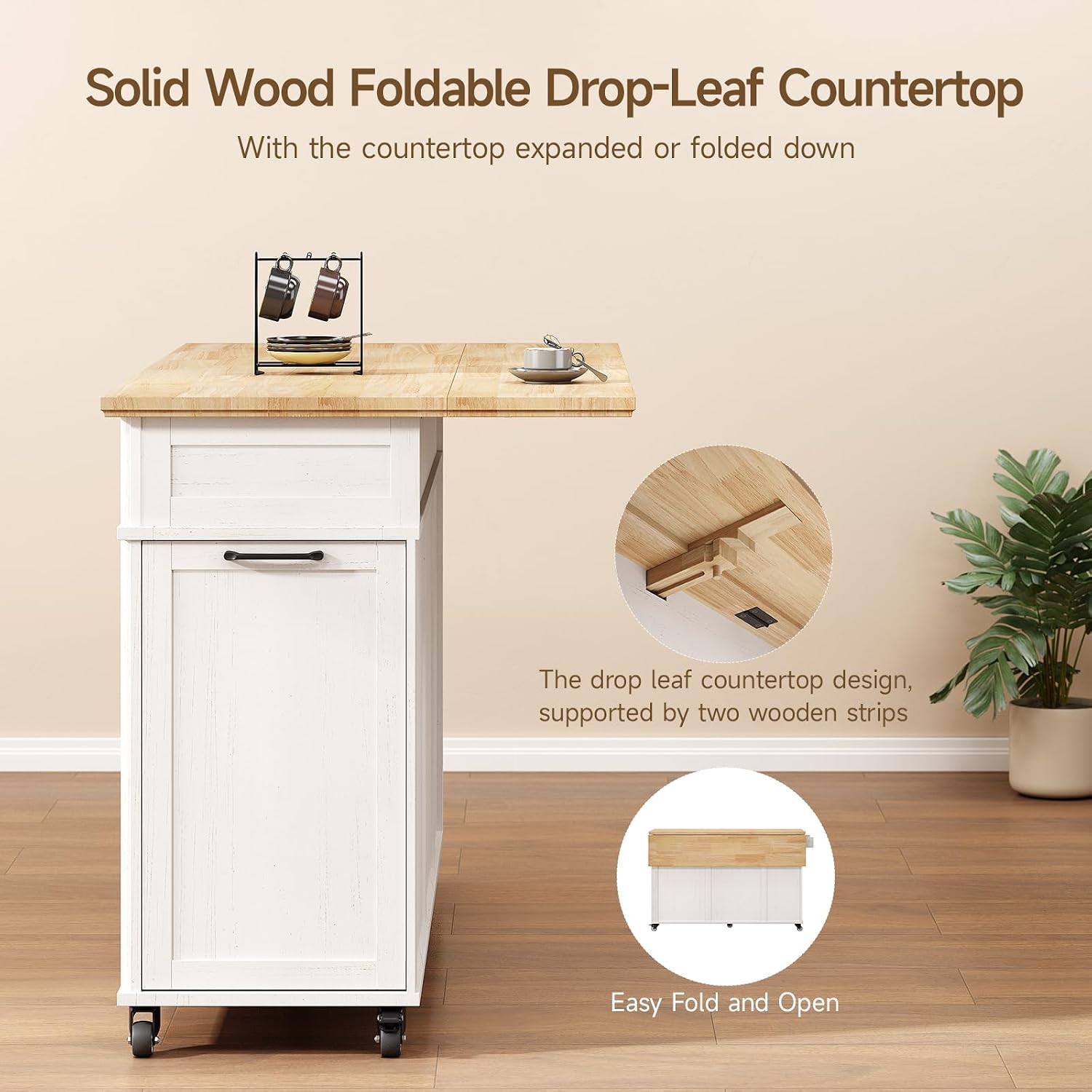 ONBRILL 55'' Kitchen Island with Storage and Solid Rubberwood Top, Kitchen Storage Island on Wheels with 2 Drawers, Rolling Island Table with Adjustable Shelves for Dining Room& Kitchen, Off White
