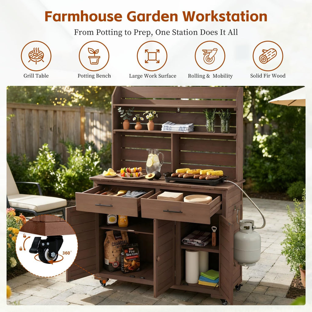 Large Garden Potting Bench with Storage Cabinet and Hutch Top
