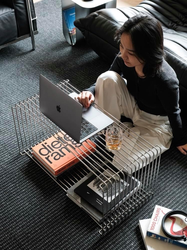 Stainless Steel Side Table,Square Geometry Retro Side Table Linear Metal End Table,Wire Cube Storage Rack, Book Stackable, Stainless Steel Coffee Table，Multi-Purpose Accent Table