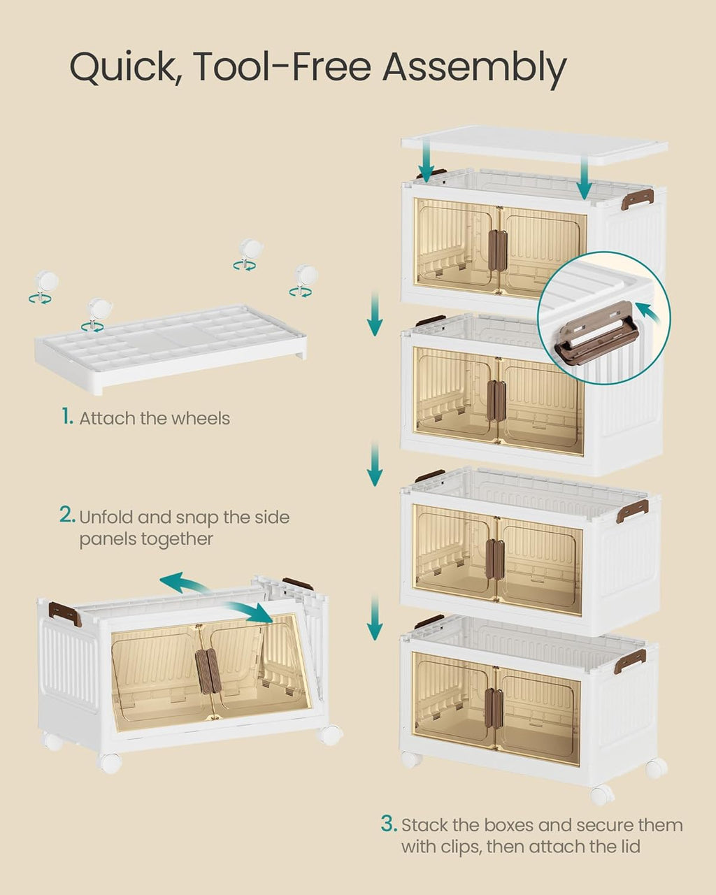SONGMICS 48QT Plastic Storage Bins with 1 Lid, 4-Tier Stackable Bins with Doors and Wheels, Foldable Storage Boxes, for Closets, Bedroom, Living Room, Office, White URLB450WZ01