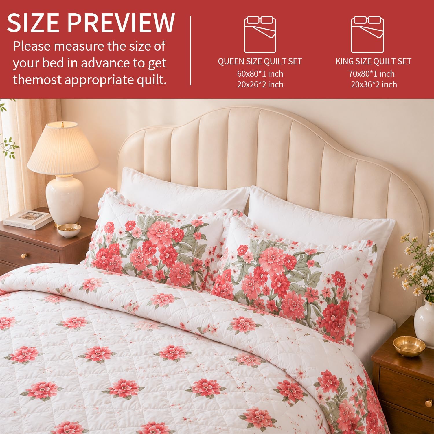 Ruffled Comforter Set King with Attached Bed Skirt, 3 Piece Skirted Comforter Bedding Set, Shabby Chic Floral French Country Comforter with Bedskirt Ruffled Dust Ruffle Design for Farmhouse Bedroom