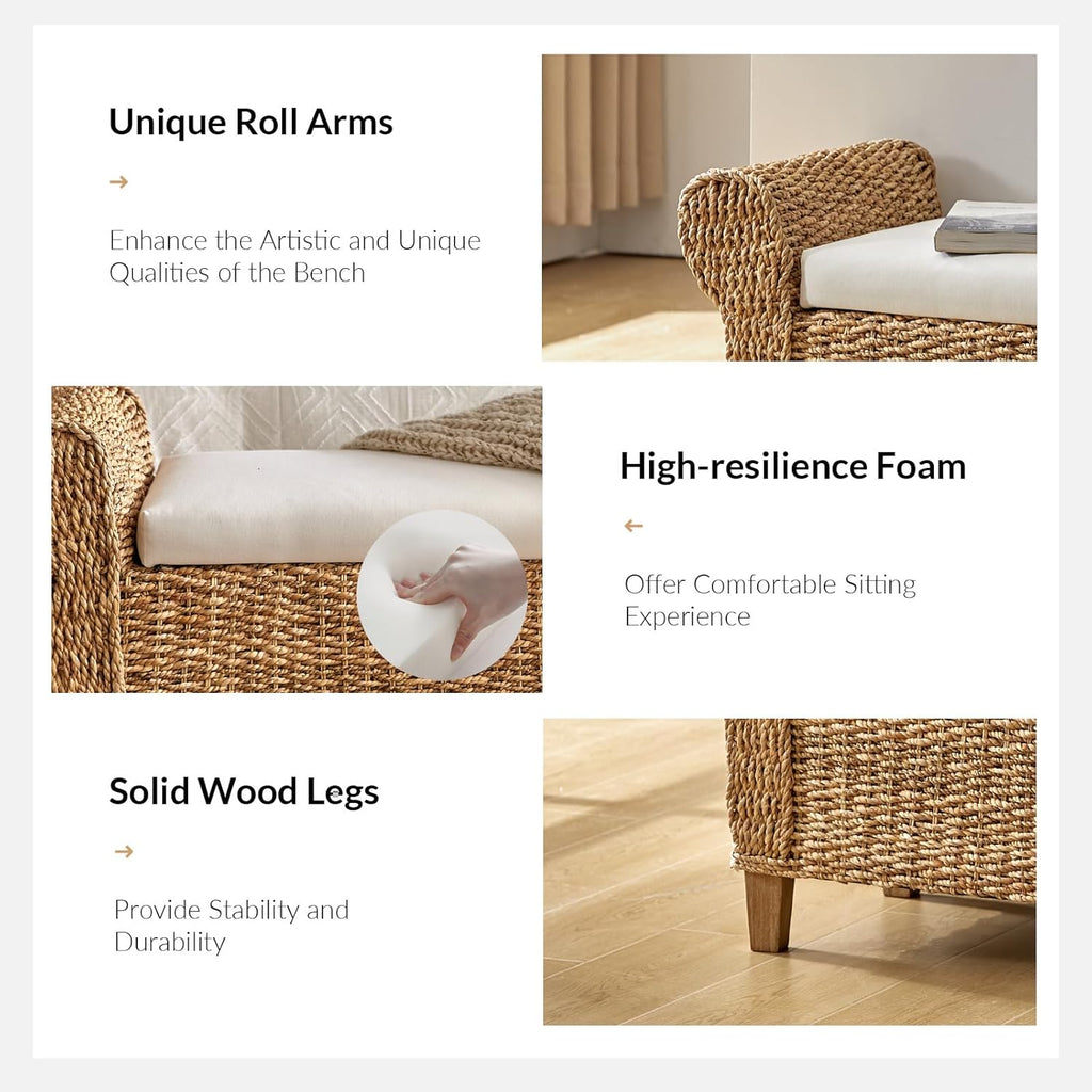56" Rattan Storage Bench with Rolled Arms, Bohemian Farmhouse End of Bed Upholstered Benches, Interior Divided Entryway Footstool with Solid Wood Legs, Natural