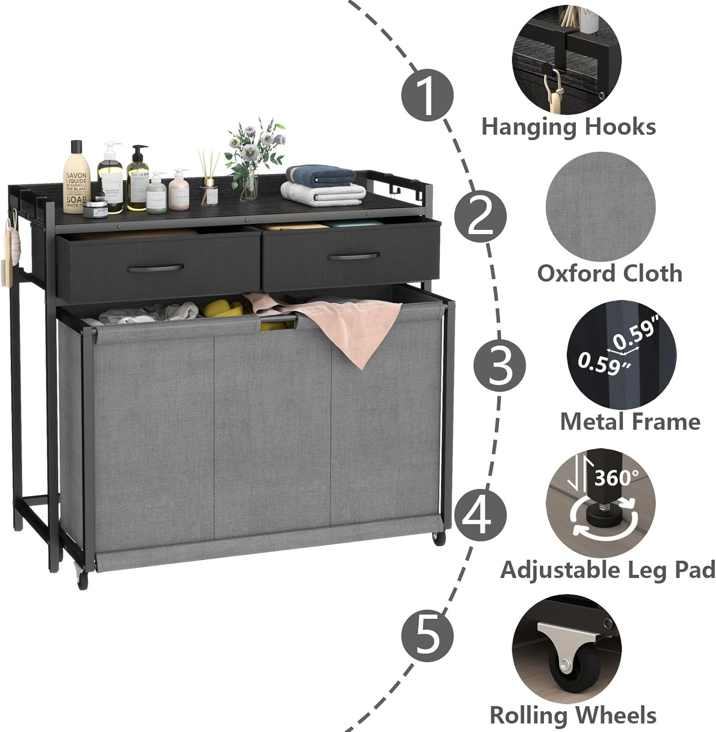 STIKELY Laundry Hamper Laundry Basket with 3 Section Pull-Out Rolling Bags, Laundry Sorter for Organization and Storage with 2 Pull-Out Drawers for Laundry Room, Bathroom, Bedroom Use (Black)