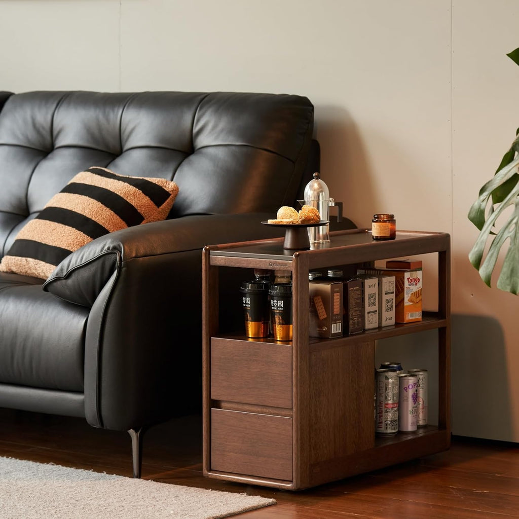 Solid Wood End Table with Storage Drawers, Narrow Side Table for Couch | 2 drawers, hidden wheels and slim design make this narrow side table perfect for couches, bedrooms and small spaces.