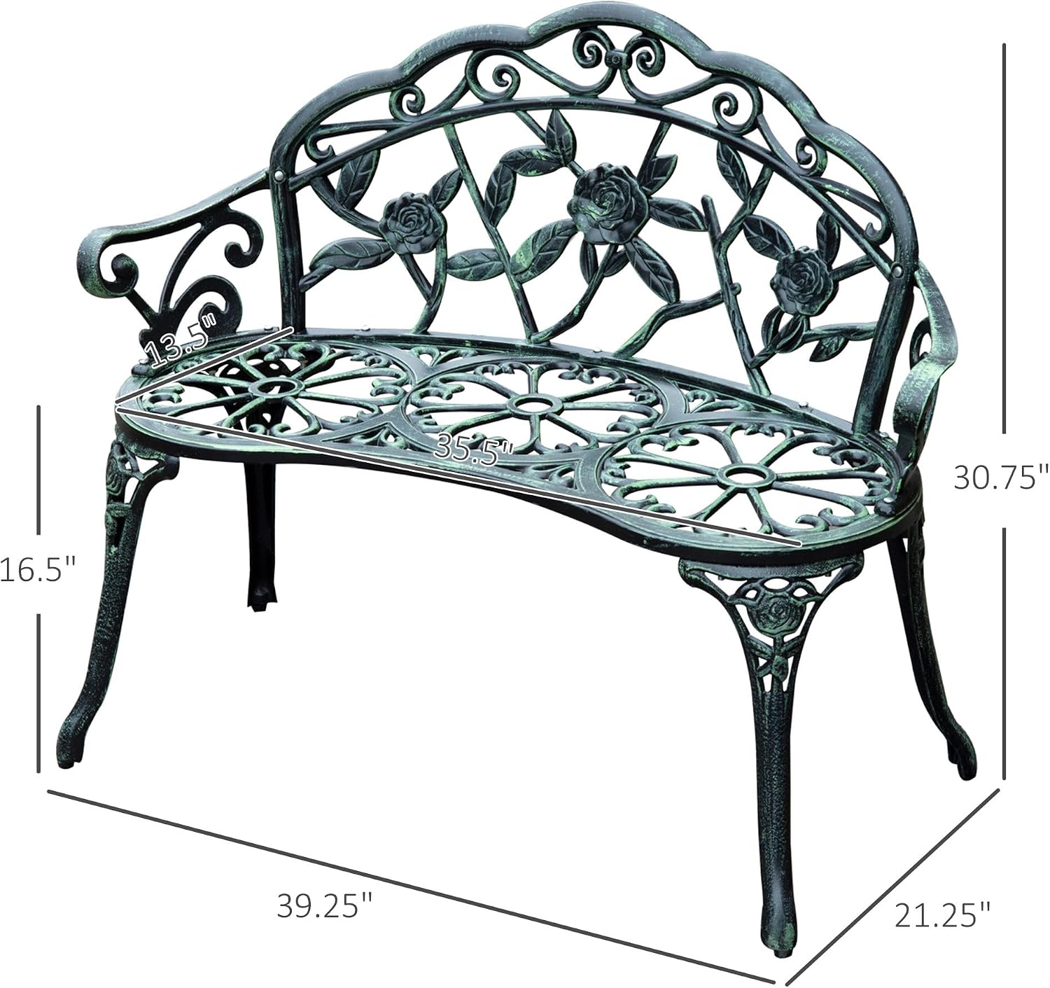 Antique Green Cast Aluminum Floral Rose Design Weatherproof Premium Heavy Duty Durable Outdoor Loveseat Construction FFor rame