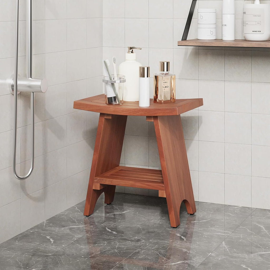 EROMMY Teak Shower Bench with Storage Shelf, 18.3" H Solid Wood Shower Stool, Water Resistant Bathroom Bench, Shower Seat and Shaving Foot Rest for Indoor & Outdoor Use