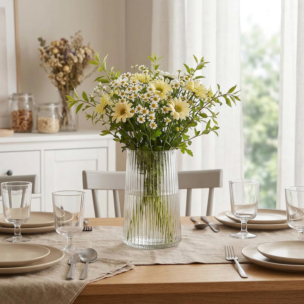 Clear Glass Vase for Flower, Flower Vase for Bouquet, Modern Glass Vases, Ribbed Vases for Living Room, Bedroom, Dining Table, Office, Wedding, Centerpieces, 8 Inches