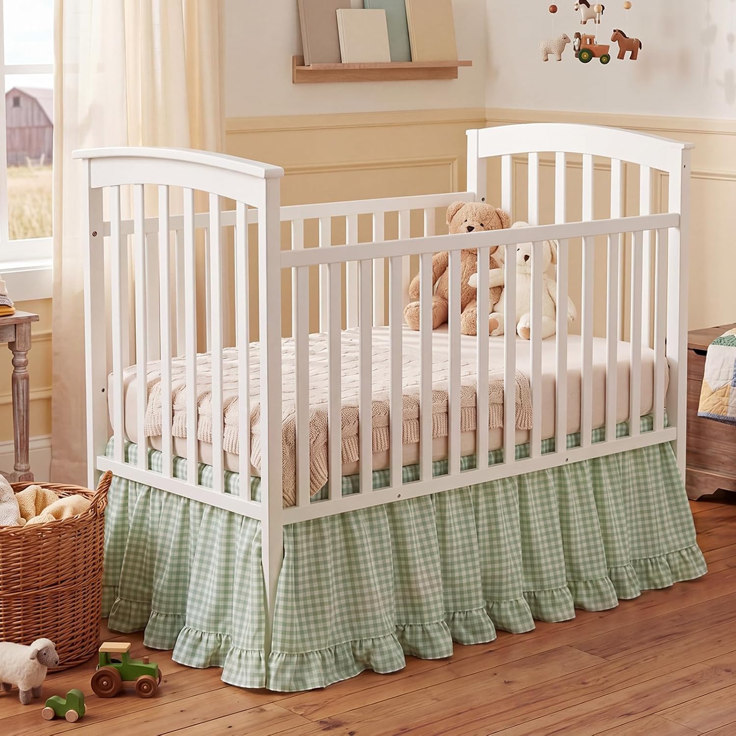 Gingham Crib Skirt Dust Ruffle 52 x 28 Inch 100% Washed Cotton Ruffle Plaid Baby Crib Bed Skirt Soft Farmhouse for Boys & Girls Nursery Bedding Decor, Fits Standard Cribs(Green)