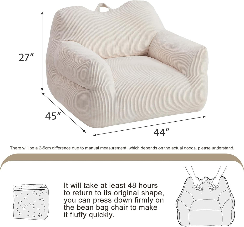 HUGHEAVEN Big Bean Bag Chair for Adults, Giant Oversized Bean Bag Couch, Comfy Reading Chair with Armrests, Soft Cozy Chair for Bedroom, Lounge Sofa for Gaming, Napping & Relaxing, Beige