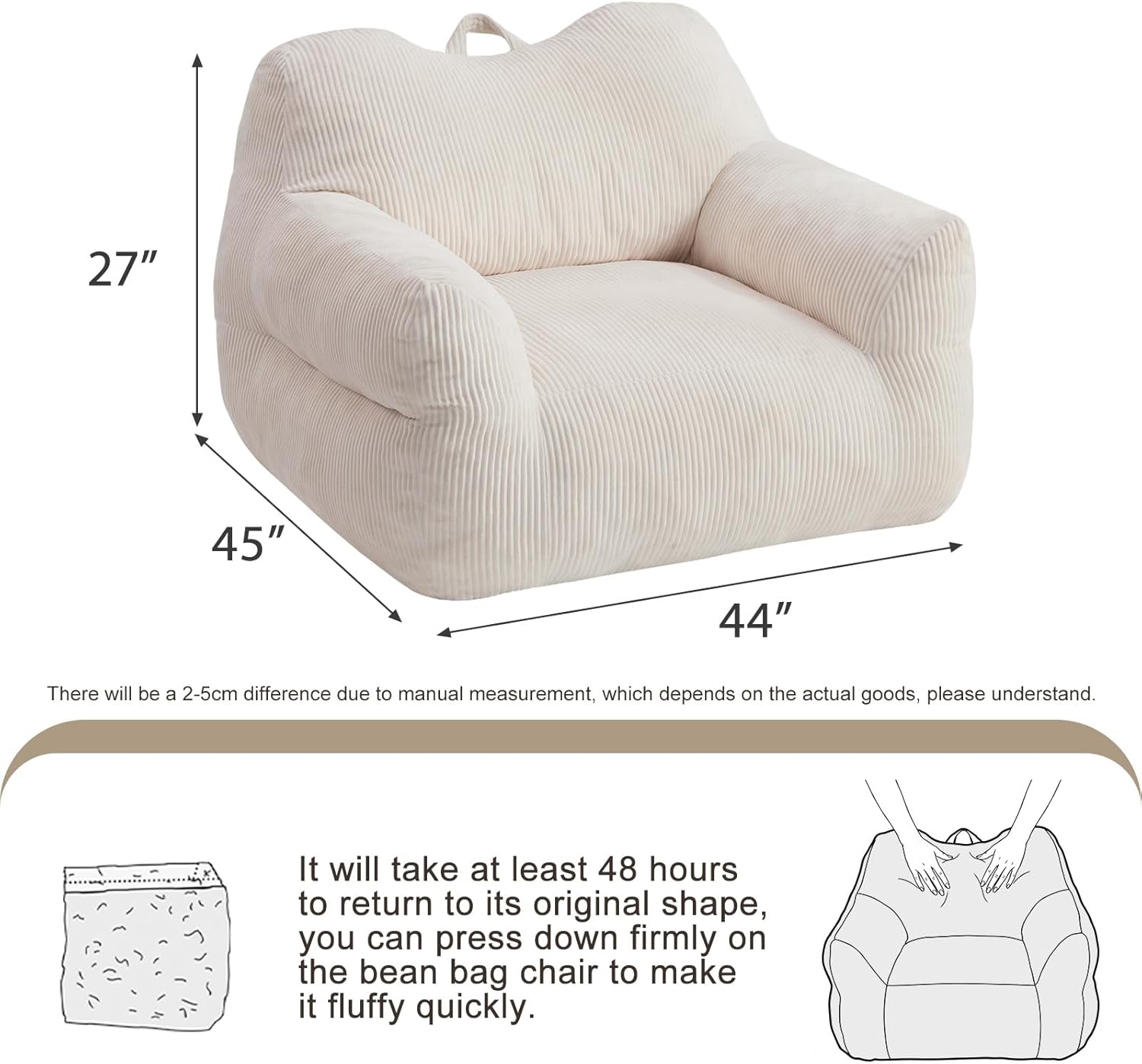HUGHEAVEN Big Bean Bag Chair for Adults, Giant Oversized Bean Bag Couch, Comfy Reading Chair with Armrests, Soft Cozy Chair for Bedroom, Lounge Sofa for Gaming, Napping & Relaxing, Beige