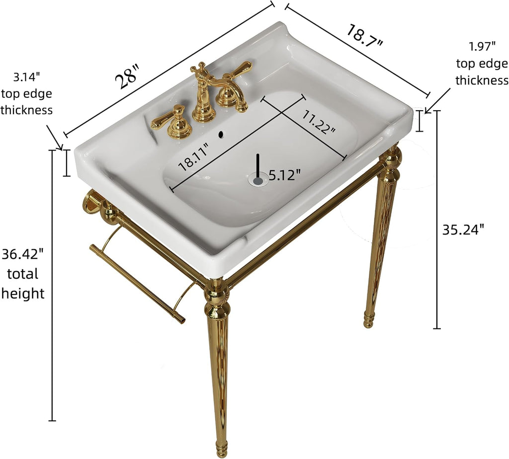 28" Bathroom Console Sink, Wall-Mounted White Ceramic Vanity Basin with 3 Pre-drilled Faucet Holes, Freestanding Gold Stainless Steel Support Legs with Towel Bar, No Faucet - Rome, White