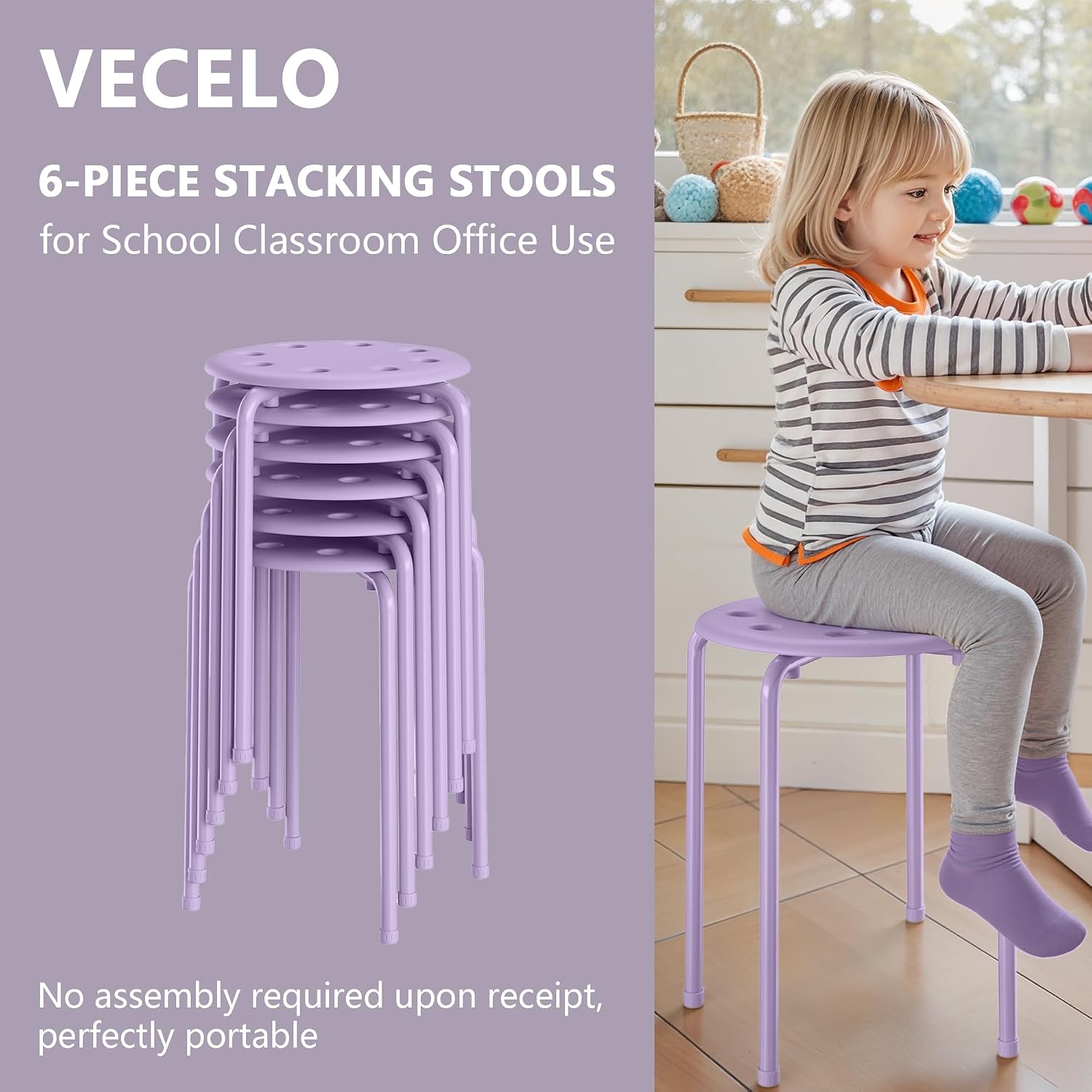 VECELO 6-Piece Stacking Stools, 17.7 Inch Standard Height, Portable Stackable Colorful Decoration Stools for School Classroom and Office Use, Purple