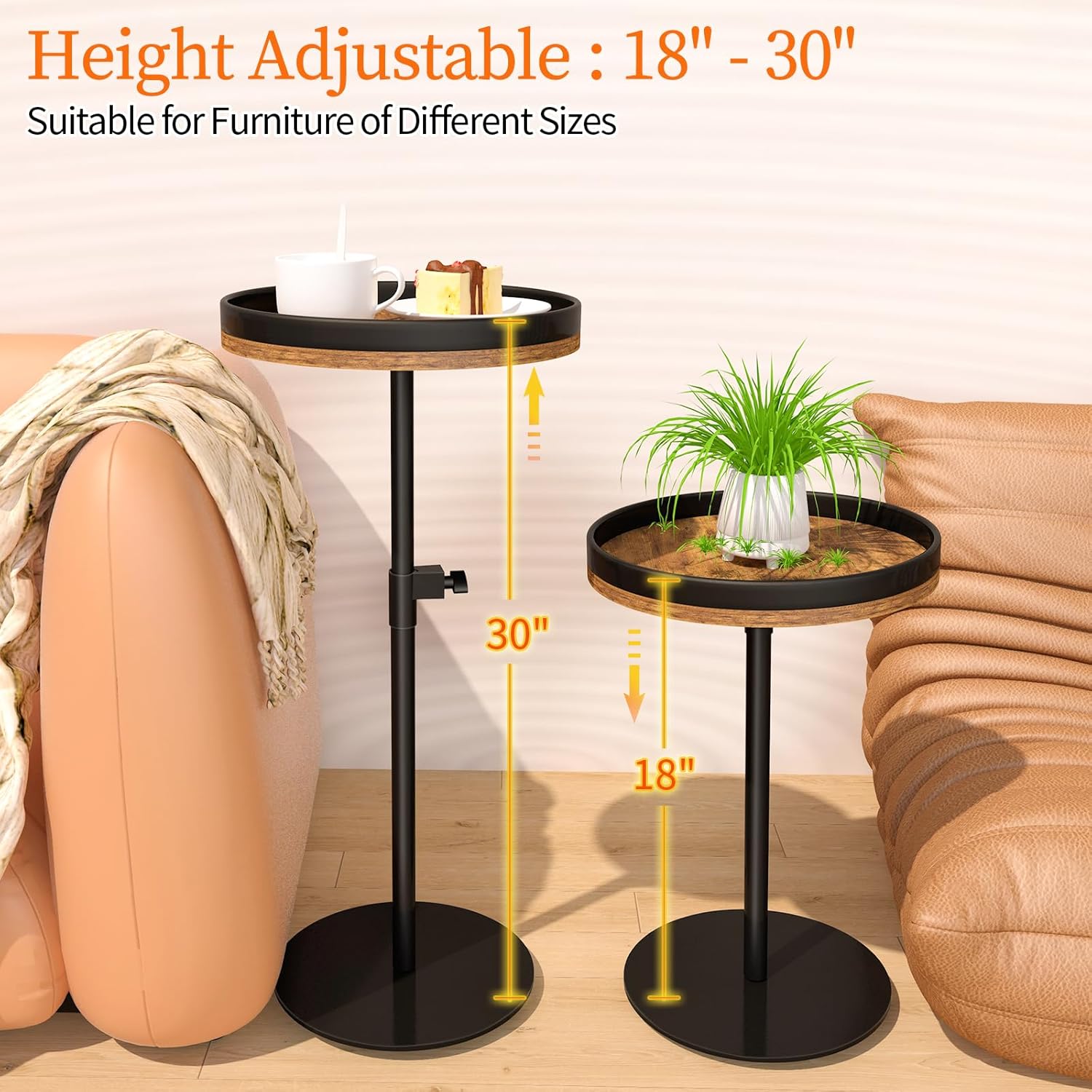 Drink Table, Small Round Side Table Height Adjustable Martini Table with Weighted Metal Base, Pedestal Table for Small Spaces, Accent Table for Living Room, Bedroom, Bathroom (Brown-1)