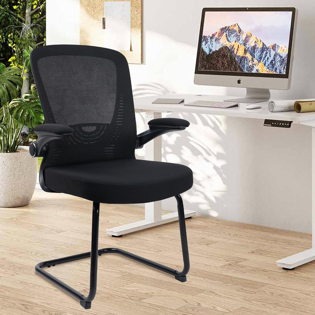 CLATINA Office Guest Chair Sled Base, Ergonomic Mesh Desk Chair Adjustable Lumbar Support and Flip Up Arms, Office Guest & Reception Chairs no Wheels for Conference Room, Black (1PK)