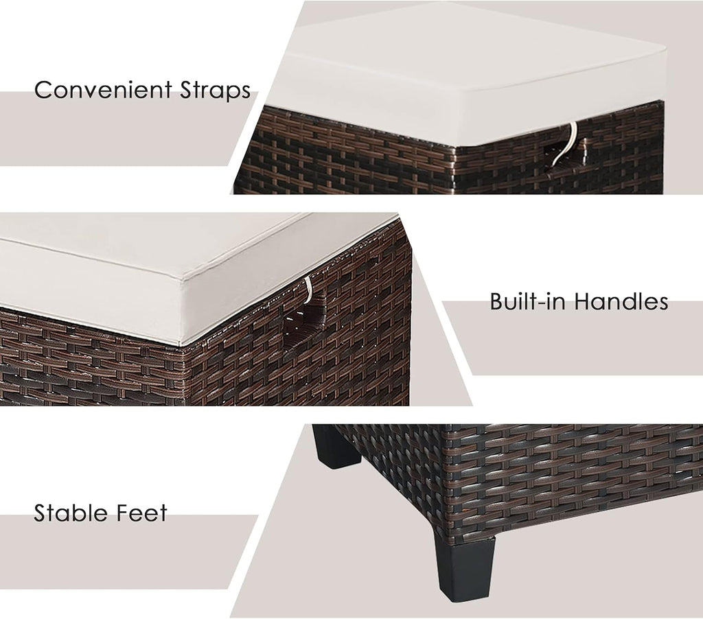 mayjooy 2-Piece Rattan Patio Ottoman, All Weather Wicker Ottoman w/Removable Cushion & Steel Frame, Outdoor Footstool Footrest Furniture (Brown) , 16”x16”x18