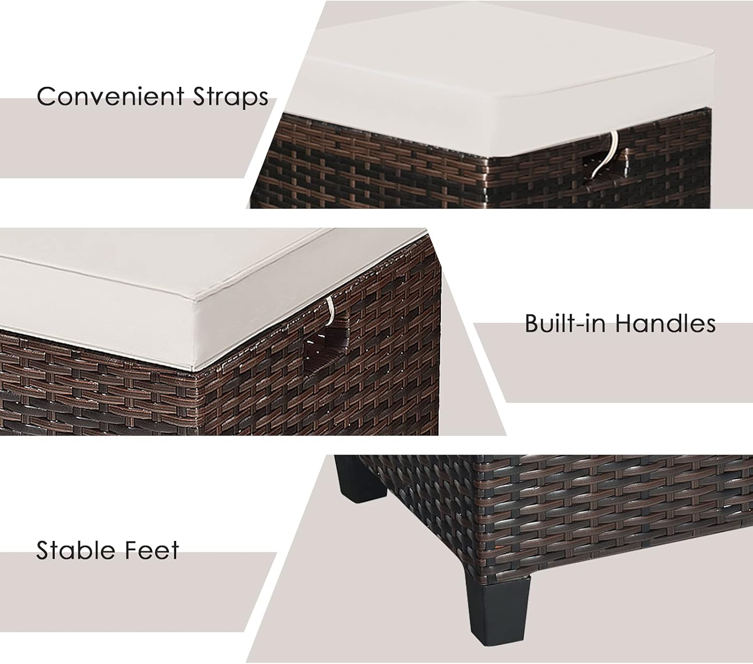 mayjooy 2-Piece Rattan Patio Ottoman, All Weather Wicker Ottoman w/Removable Cushion & Steel Frame, Outdoor Footstool Footrest Furniture (Brown) , 16”x16”x18