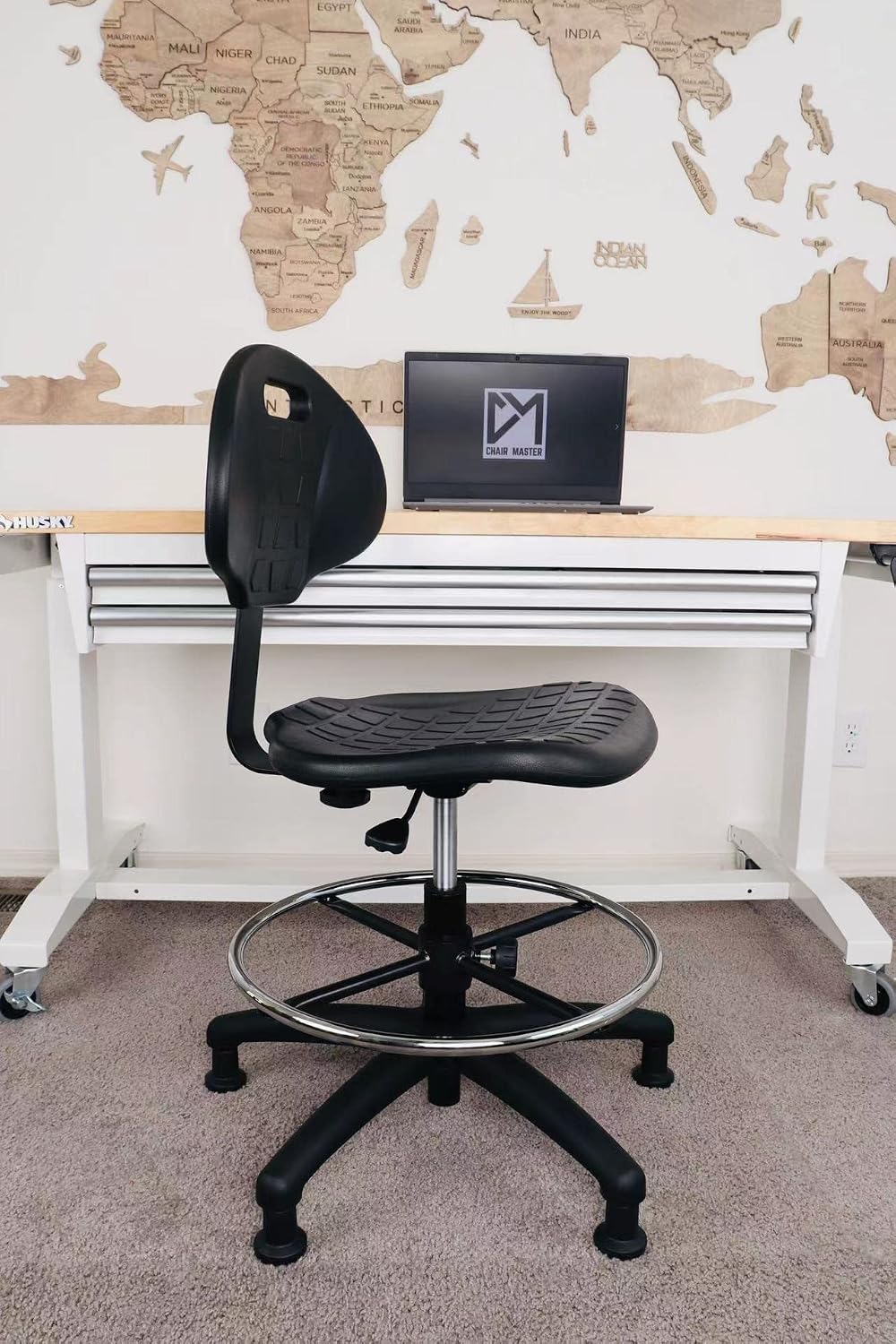 Drafting Stool - Easy to Clean! Ergonomic Polyurethane Chair. Seat Height (18"-26") Adjustable w/Heavy Duty Footring for Home, Automotive, Lab, Cleanroom (Glides, Medium Stool)