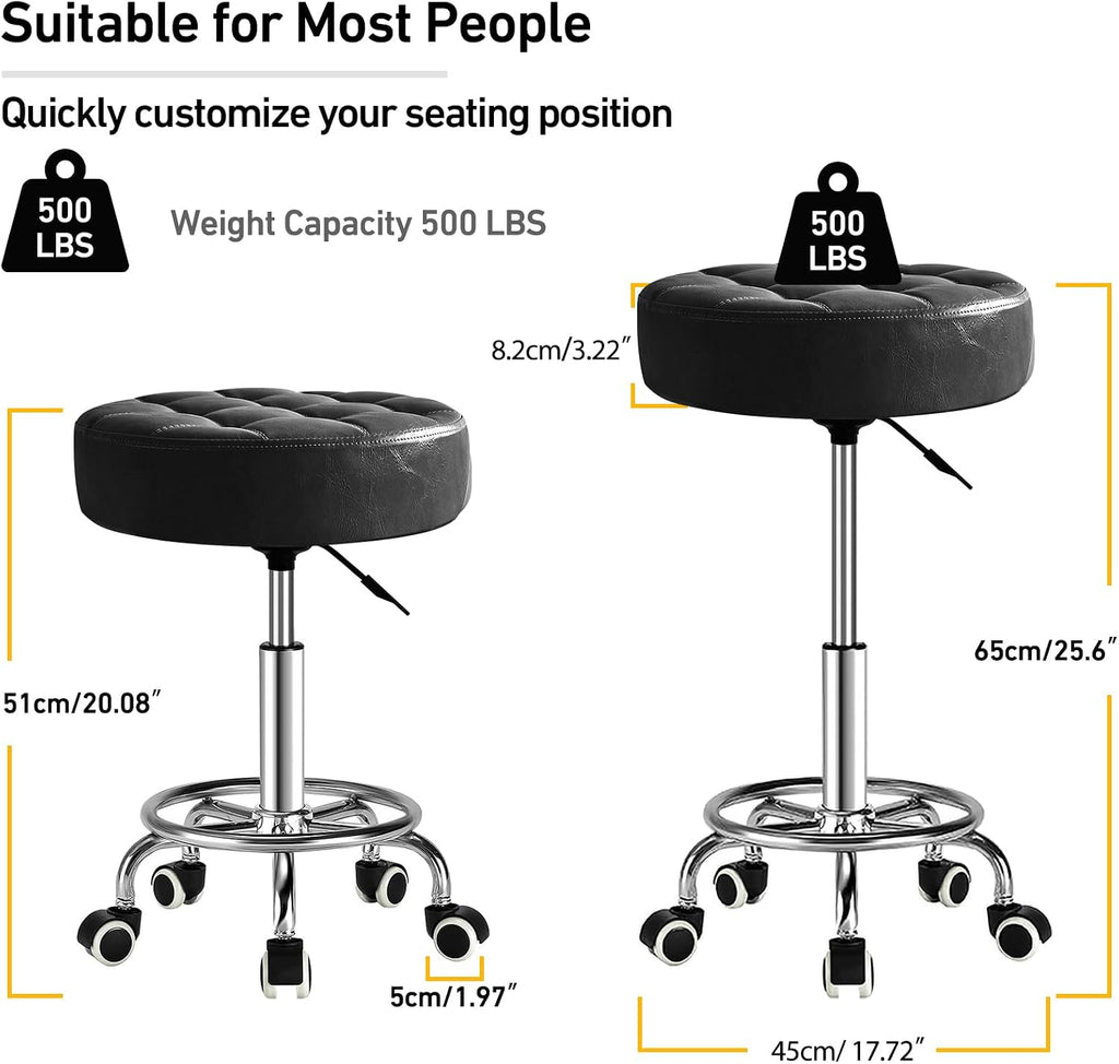 500lb Rolling Stool with Thickened Ultra Soft Padded Seat, 5-mins Easy Assembly Drafting Stool with Round Footrest, PU Leather Adjustable Swivel Stool with Wheels for Home, Office, Spa (Black)