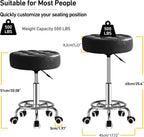 500lb Rolling Stool with Thickened Ultra Soft Padded Seat, 5-mins Easy Assembly Drafting Stool with Round Footrest, PU Leather Adjustable Swivel Stool with Wheels for Home, Office, Spa (Black)