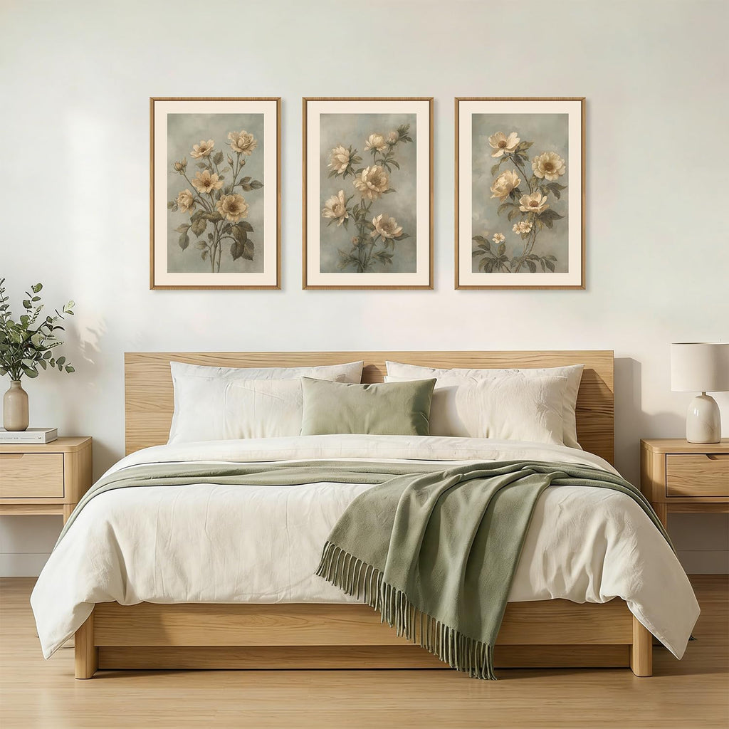 KAIRNE Vintage Botanical Flower Framed Canvas Wall Art Set,Boho Green Beige Floral Wall Decor,Rustic Wildflower Art Prints,Modern Minimalist Artwork for Living Room,Bedroom,Farmhouse,Office-24 x36 x3