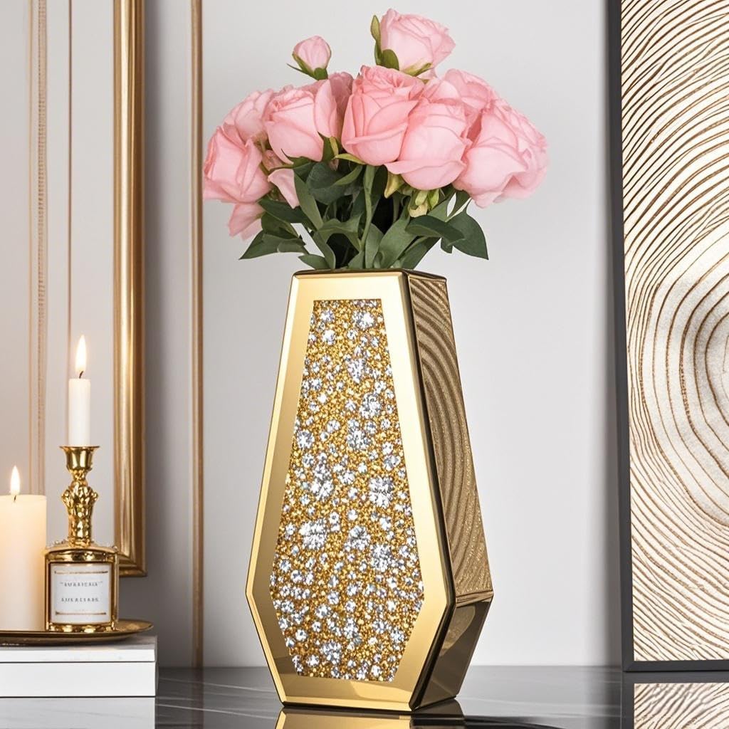 SHYFOY Gold Flower Vase Crushed Diamond Glass Vase Large Crystal Tall Vases for Centerpieces Luxurious Rhinestone Floor Vases Home Decor for Living Room Dining Room Coffee Table, Can’t Hold Water